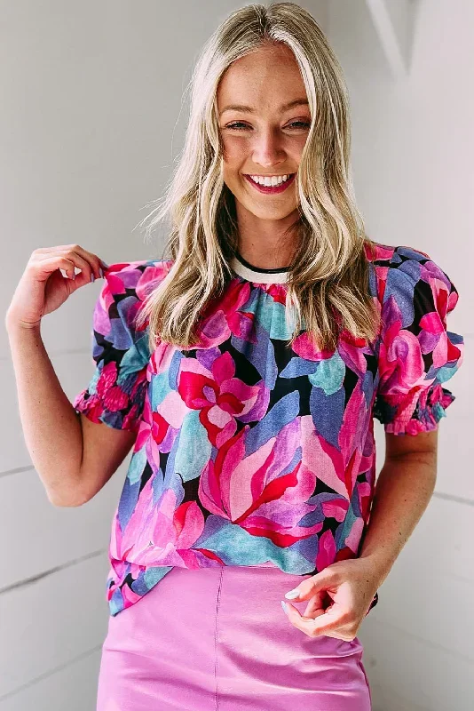 fiery-red-floral-print-shirred-puff-sleeve-blouse