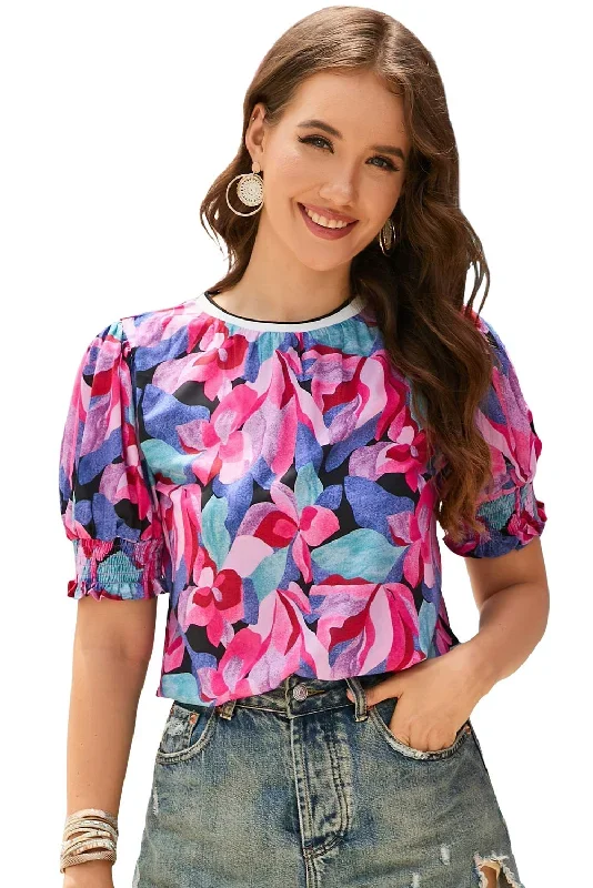 fiery-red-floral-print-shirred-puff-sleeve-blouse