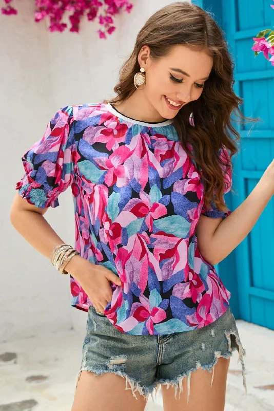 fiery-red-floral-print-shirred-puff-sleeve-blouse