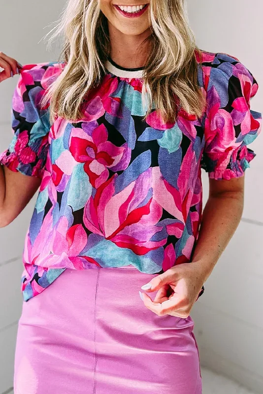 fiery-red-floral-print-shirred-puff-sleeve-blouse