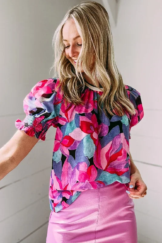 fiery-red-floral-print-shirred-puff-sleeve-blouse