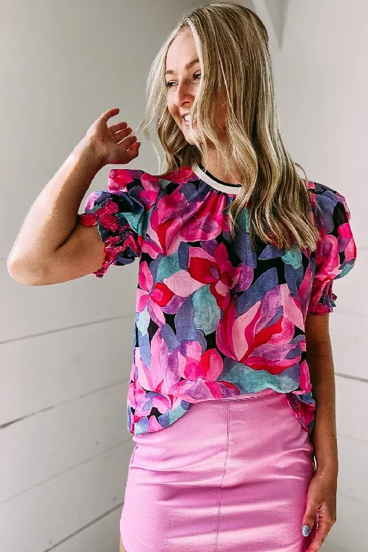 fiery-red-floral-print-shirred-puff-sleeve-blouse