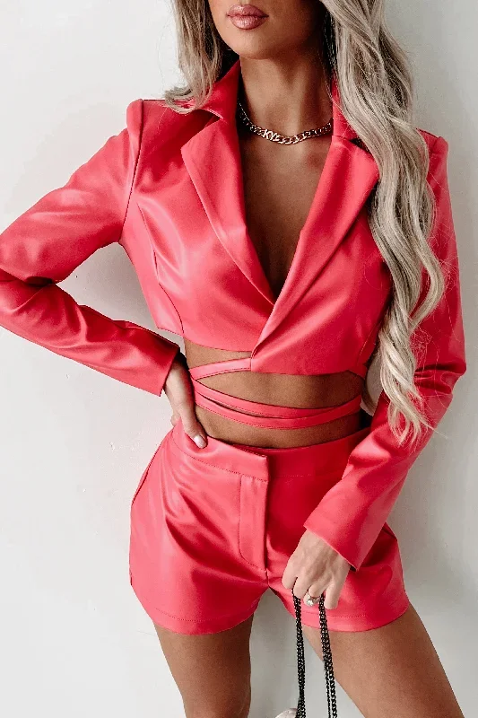 Finally Over Faux Leather Cropped Blazer Top (Punch)