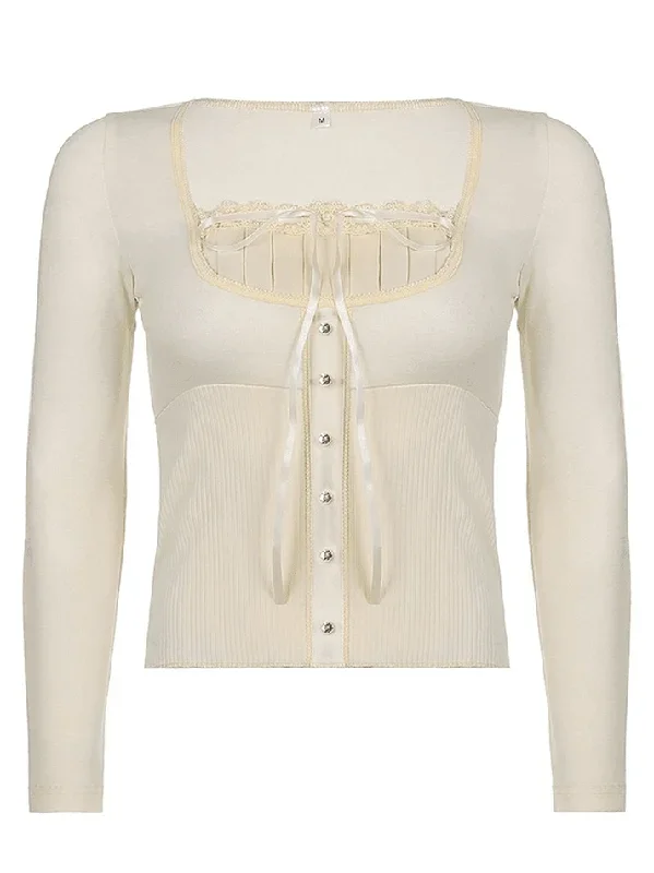 fleece-bow-neck-ribbed-lace-blouse