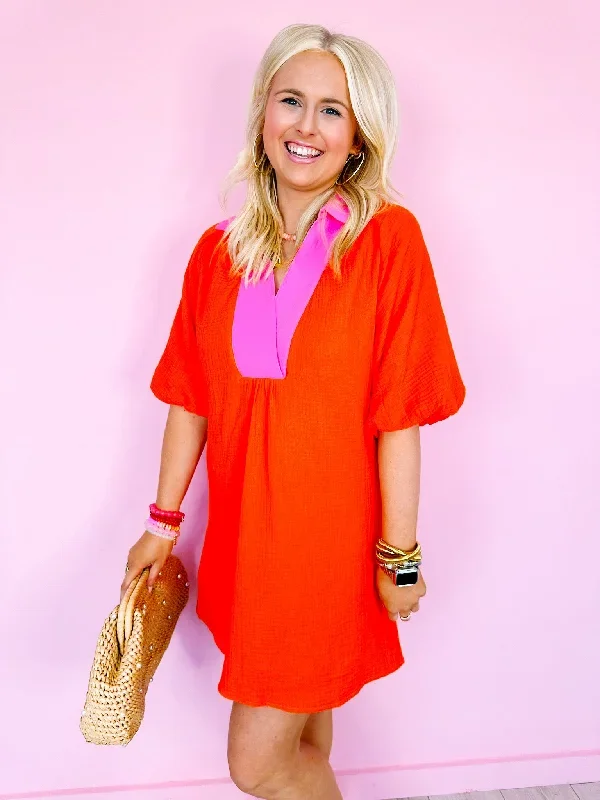 GAZE THE GAUZE PUFF SLEEVE DRESS - ORANGE