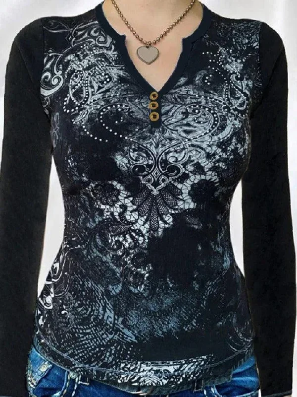 Gothic Print V Neck Long Sleeve Tee