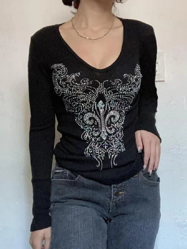 Gothic Rhinestone Print V Neck Long Sleeve Tee