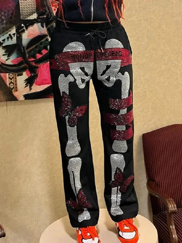 Gothic Skull Rhinestone Print Sweatpants