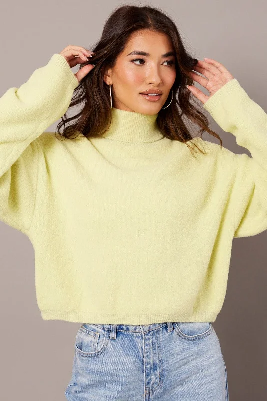 Green Knit Top Long Sleeve High Neck Fluffy