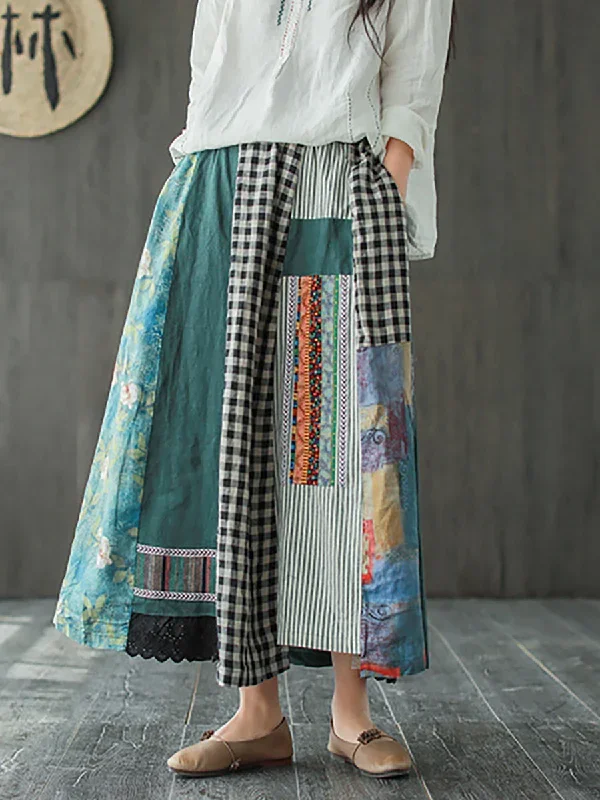 Irregular Print Spliced Plus Size Casual 100% Linen A-line Skirt