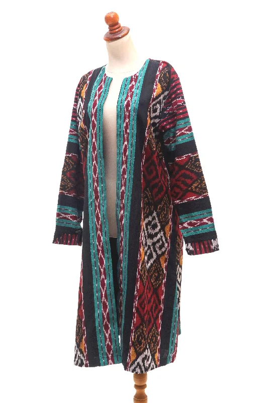 kartini-emerald-long-handwoven-red-green-ikat-cotton-duster-jacket