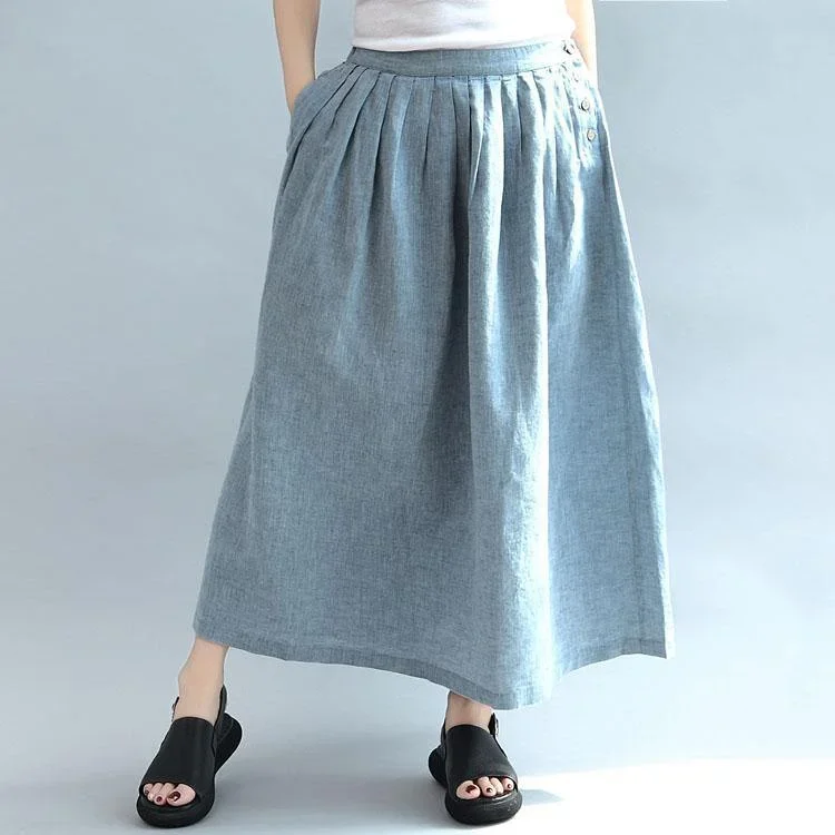 light-blue-summer-linen-skirts-loose-a-line-skirts-button-maxi-skirts