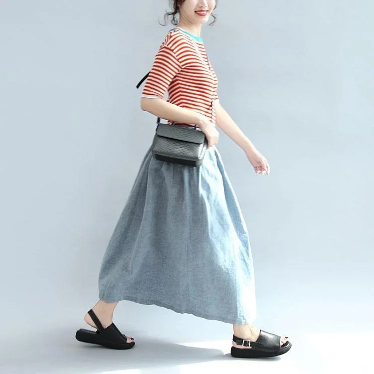 light-blue-summer-linen-skirts-loose-a-line-skirts-button-maxi-skirts