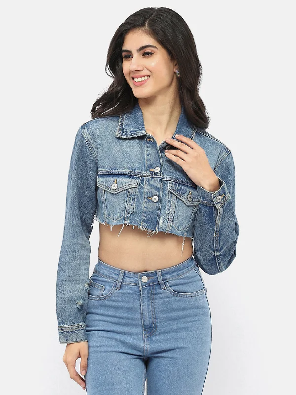 Madame Distressed Hem Blue Crop Denim Jacket