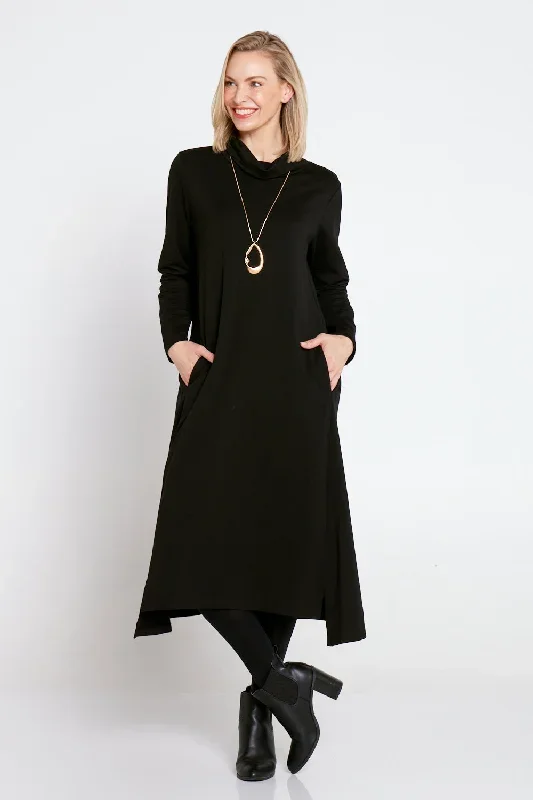 Margie Cowl Pocket Dress - Black