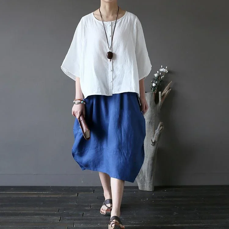 new-dark-blue-linen-cirlce-skirts-oversize-elastic-waist-casual-skirts