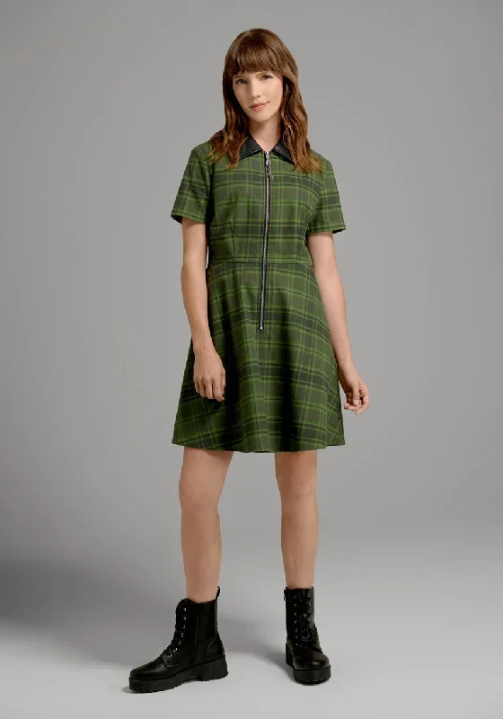 On A Power Zip Plaid Skater Dress