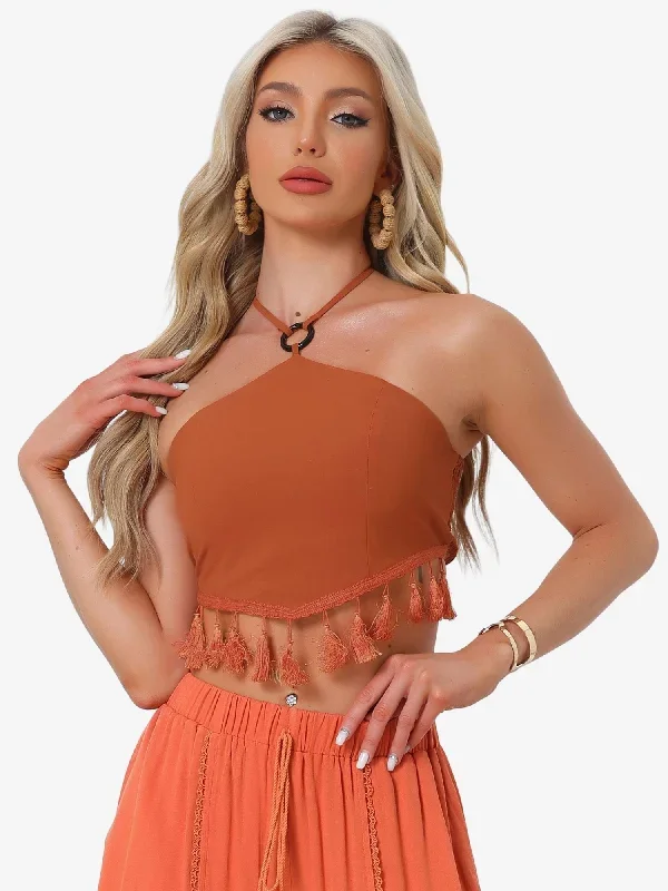 Halter Top Keyhloe Front Y2K Corset Tie Backless Smocked Back Boho Tassel Crop Top