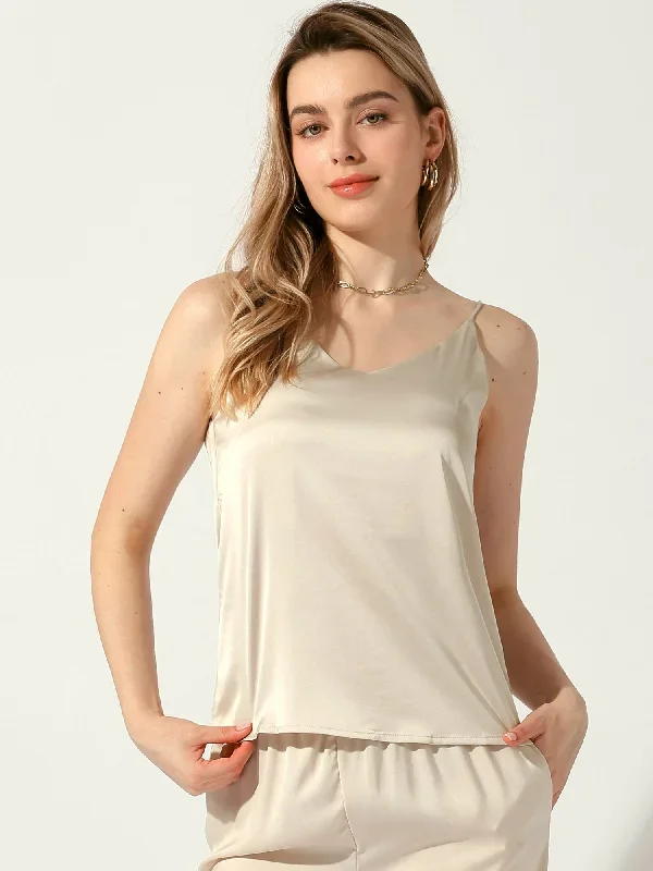 Satin V Neck Spaghetti Strap Solid Color Cami Tops