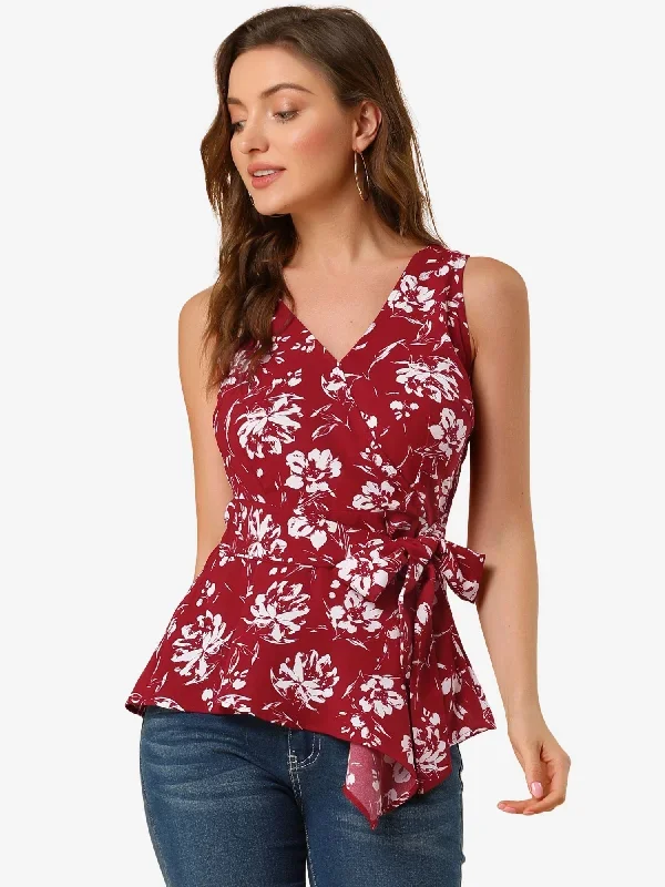 Sleeveless V Neck Tie Waist Asymmetric Hem Floral Peplum Top