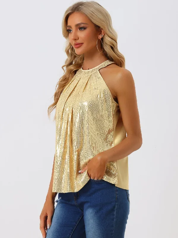 Cocktail Sparkle Sleeveless Vest Tank Camisole Sequin Halter Top