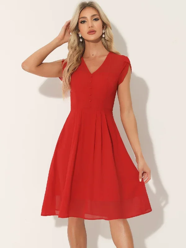 Vintage Chiffon V Neck Cap Sleeve Elegant A-Line Dress