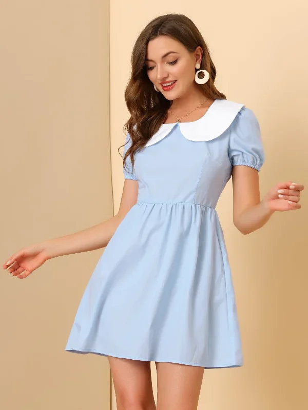 Contrast Peter Pan Collar Puff Short Sleeve A-line Dress