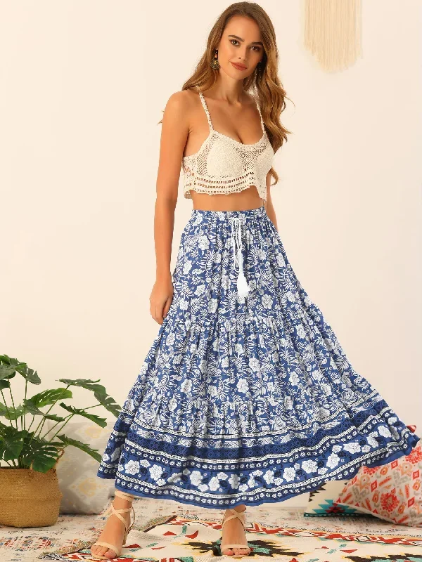 Boho Casual Floral Bohemian Tassels Elastic Waist Maxi Skirt