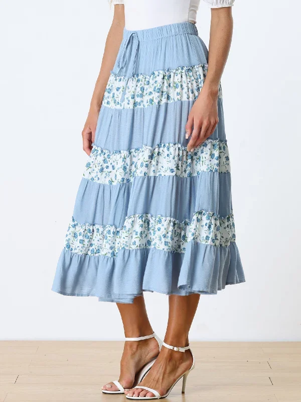 Floral Midi Elastic Waist Contrast Color Casual Tiered Boho Skirt