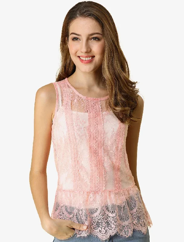 Lace Floral Sleeveless Semi Sheer Peplum Tops Blouse