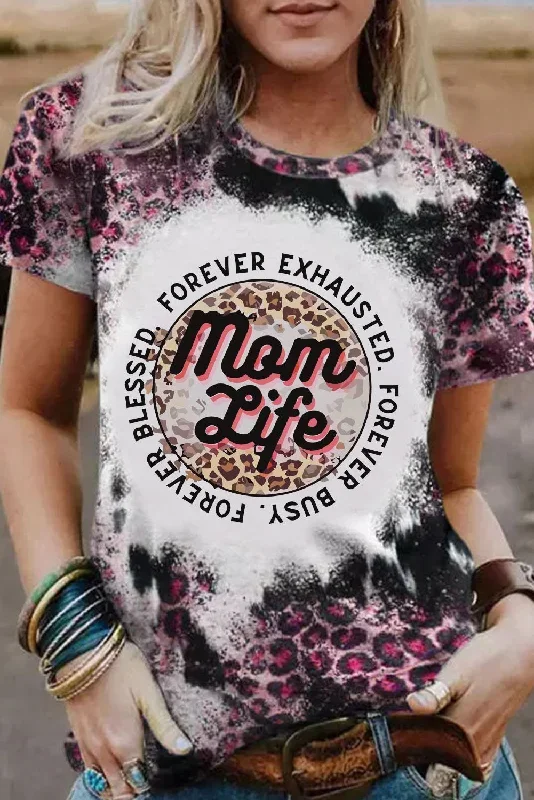 Pink Mom Life Slogan Leopard Bleached Graphic Tee