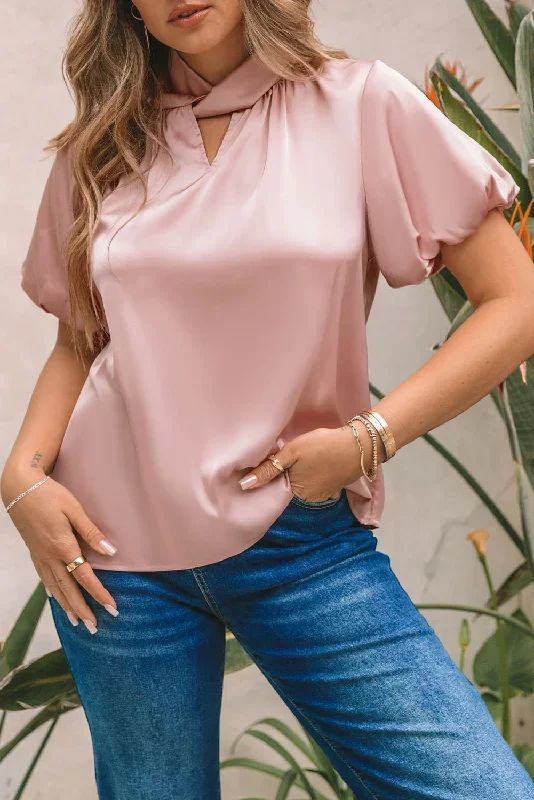 pink-twist-high-neck-puff-sleeve-satin-blouse