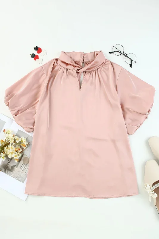 pink-twist-high-neck-puff-sleeve-satin-blouse