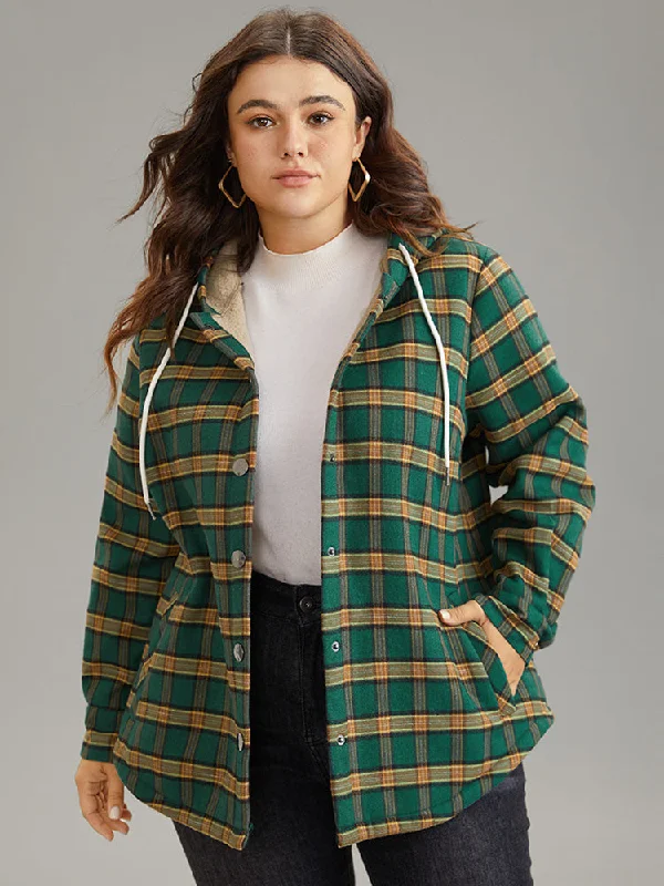 Plaid Hooded Button Through Drawstring Jacket