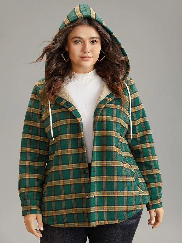 plaid-hooded-button-through-drawstring-jacket