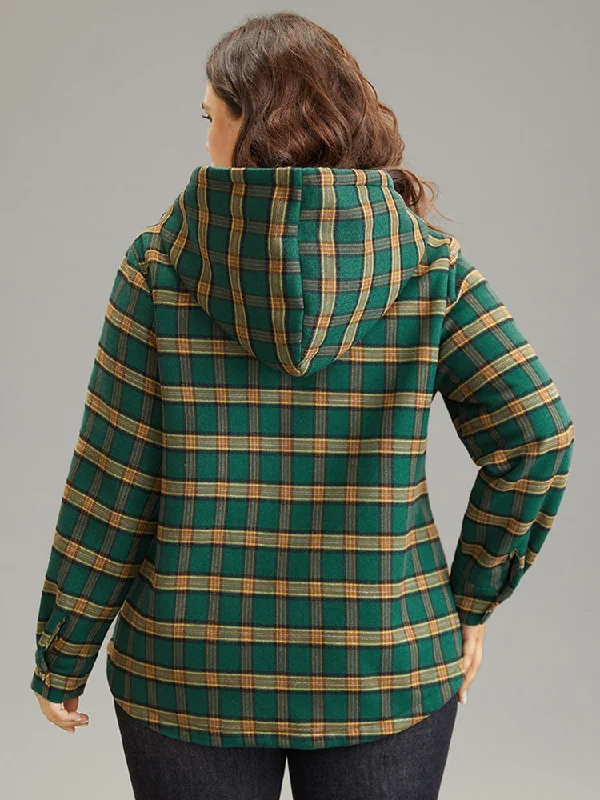 plaid-hooded-button-through-drawstring-jacket