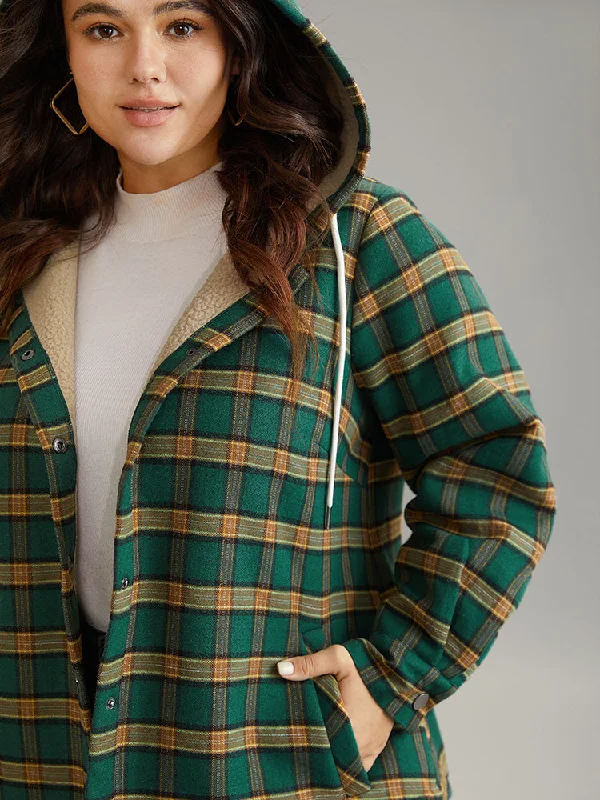 plaid-hooded-button-through-drawstring-jacket