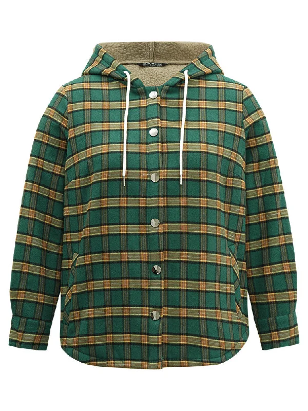 plaid-hooded-button-through-drawstring-jacket