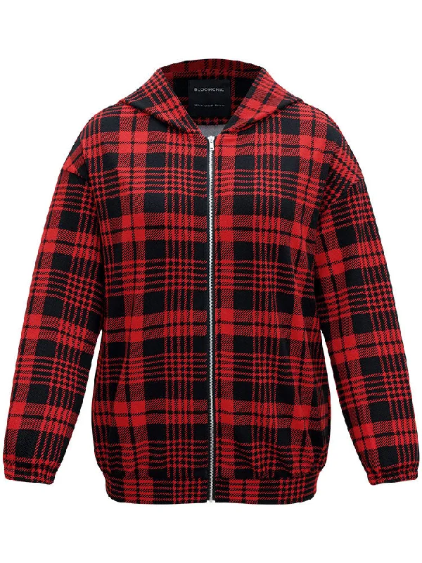 plaid-zipper-hooded-jacket