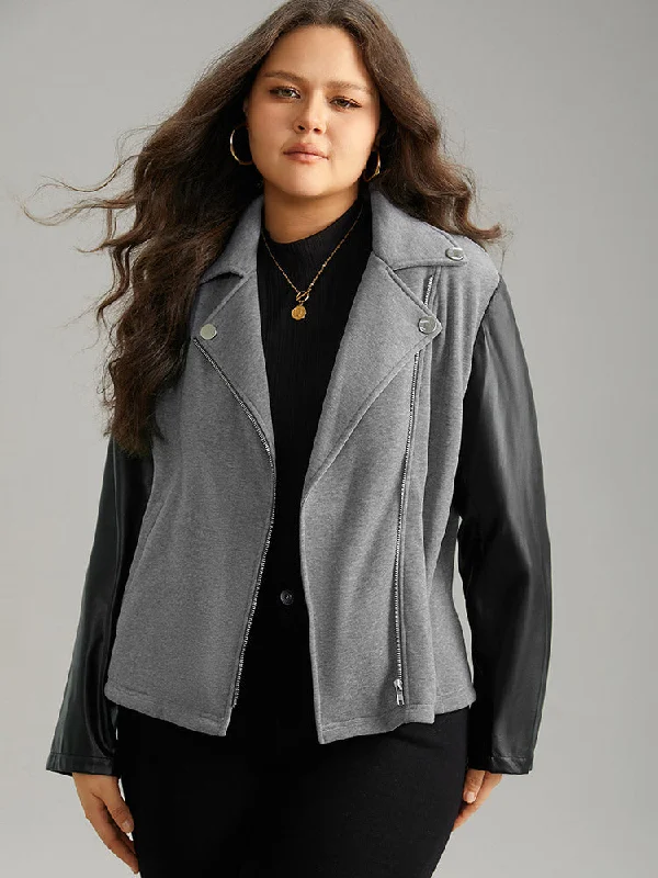 PU Leather Zipper Contrast Button Detail Jacket