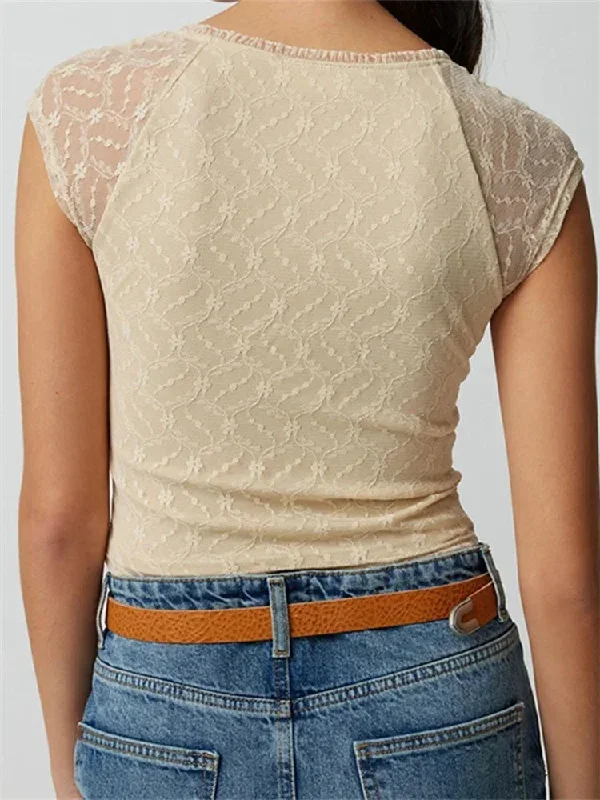 retro-slim-lace-short-sleeve-deep-v-neck-front-bow-patchwork-summer-party-streetwear-tee