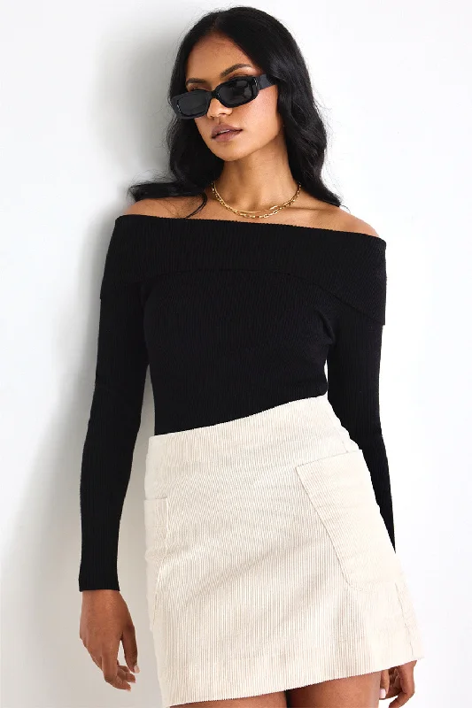 Sasha Black LS Off Shoulder Rib Knit Top