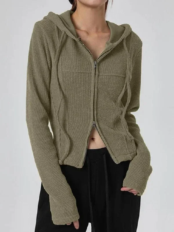 Solid Hooded Irregular Hem Double Zipper Long Sleeve Knit