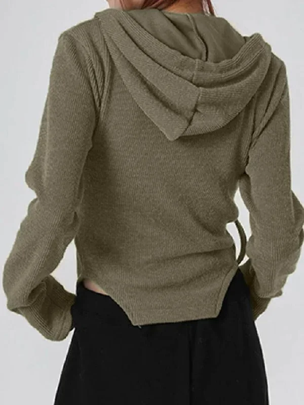 solid-hooded-irregular-hem-double-zipper-long-sleeve-knit