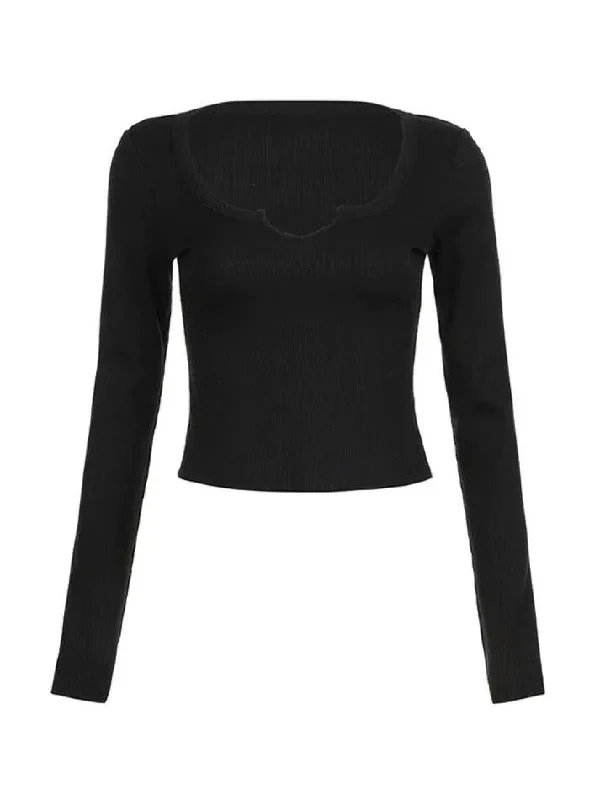 Solid Notch Neck Slim Long Sleeve Knit