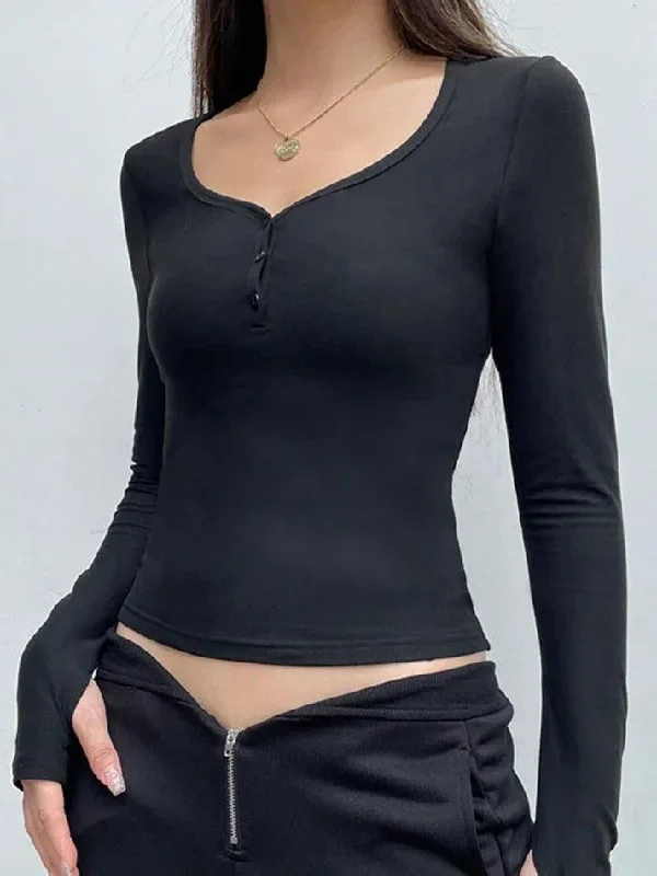 solid-v-neck-breasted-long-sleeve-tee