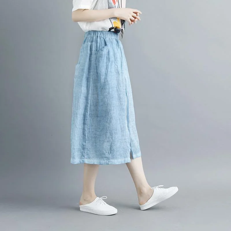 stylish-linen-knee-skirt-plus-size-casual-slit-literary-pockets-long-blue-skirt