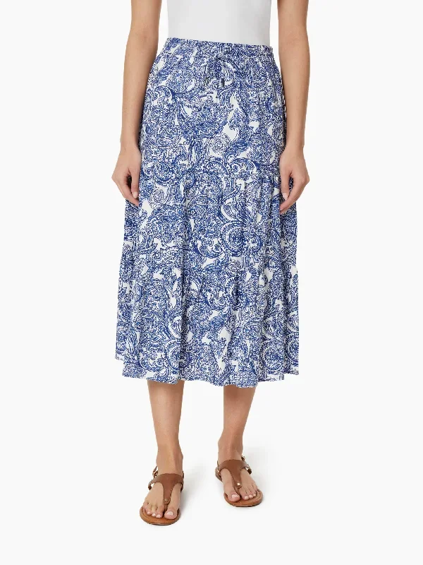 Tiered Printed Linen Drawstring Maxi Skirt