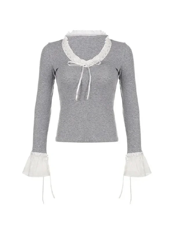 v-neck-lace-splice-bow-flare-long-sleeve-knit