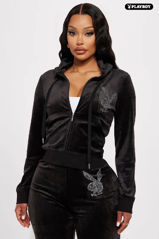 Velour Playboy Zip Font Hoodie - Black